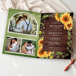 Rustic Wood Sunflowers Photo Arch QR Code Wedding Invitation