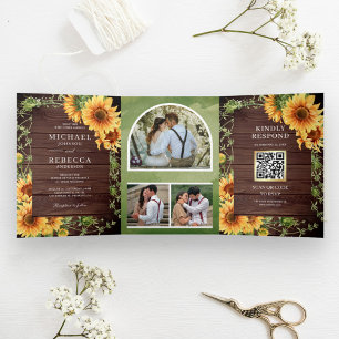 Rustic Wood Sunflowers Photo Arch QR Code Wedding Tri-Fold Invitation