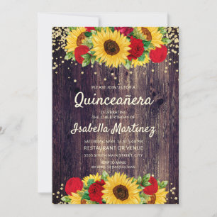 Rustic Wood Sunflowers Red Roses Quinceañera   Invitation