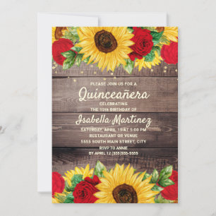 Rustic Wood Sunflowers Red Roses Quinceañera  Invitation