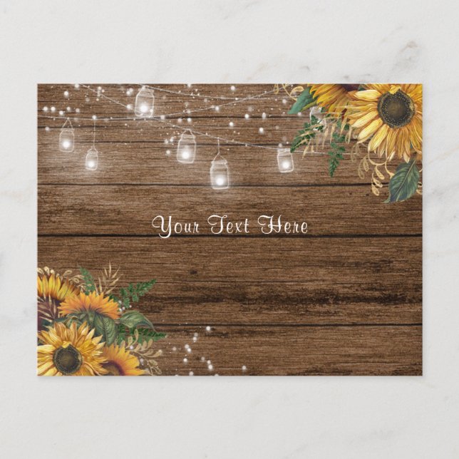 Rustic wood, sunflowers, string lights & greenery postcard (Front)