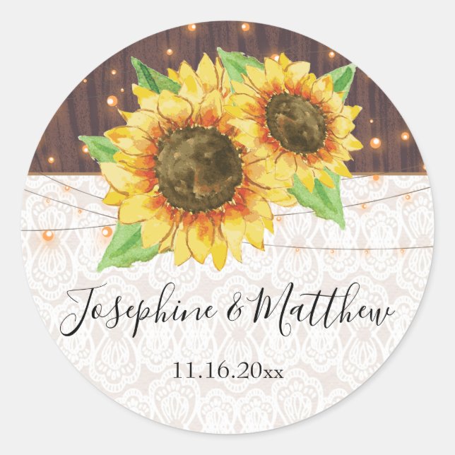 Rustic Wood Sunflowers String Lights Lace Wedding Classic Round Sticker (Front)