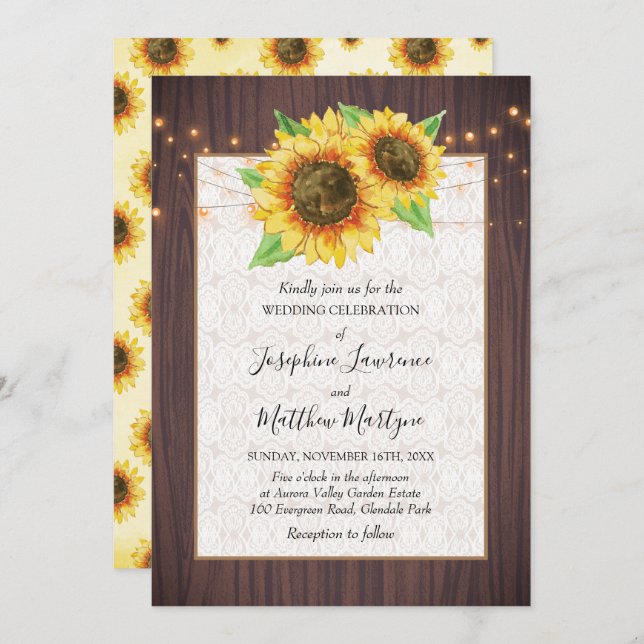 Rustic Wood Sunflowers String Lights Lace Wedding Invitation (Front/Back)