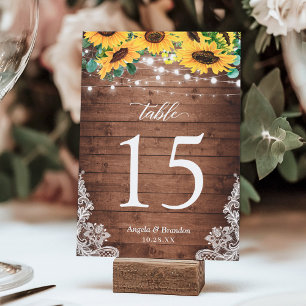 Rustic Wood Sunflowers String Lights Lace Wedding Table Number