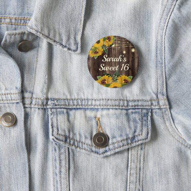 Rustic Wood Sunflowers String Lights Sweet 16 6 Cm Round Badge (In Situ)