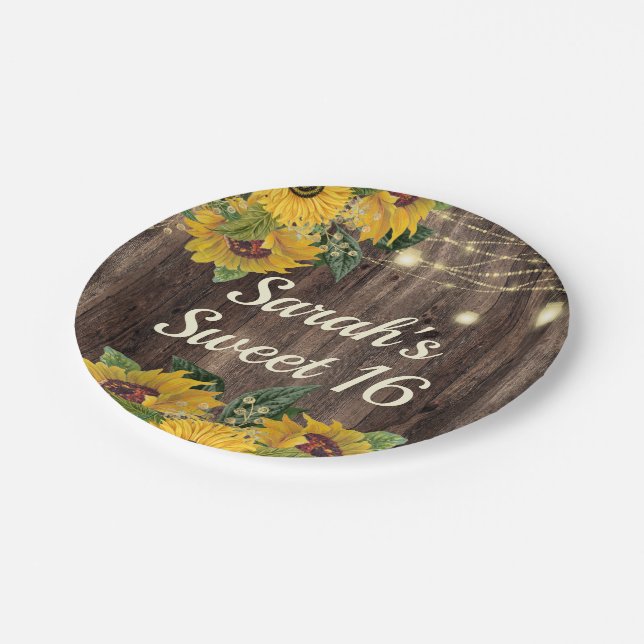 Rustic Wood Sunflowers String Lights Sweet 16 Paper Plate (Angled)