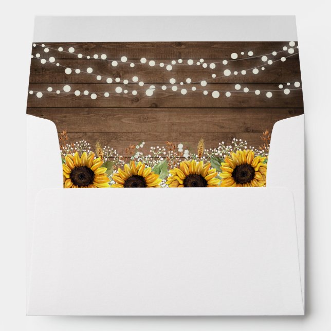 Rustic Wood Sunflowers String Lights Wedding Envelope (Back (Bottom))