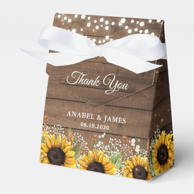 Rustic Wood Sunflowers String Lights Wedding Favour Box (Front Side)