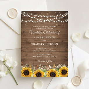 Rustic Wood Sunflowers String Lights Wedding Invitation