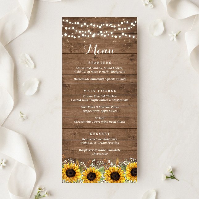 Rustic Wood Sunflowers String Lights Wedding Menu (Creator Uploaded)