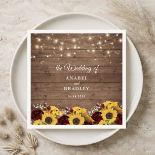 Rustic Wood Sunflowers String Lights Wedding Napkin