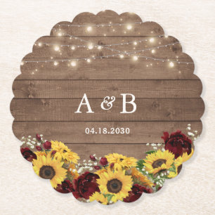Rustic Wood Sunflowers String Lights Wedding Paper Coaster