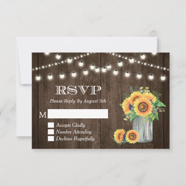 Rustic Wood Sunflowers String Lights Wedding RSVP (Front)