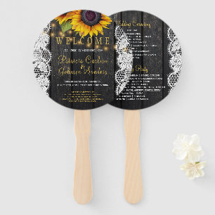 Rustic wood sunflowers white lace wedding ceremony hand fan