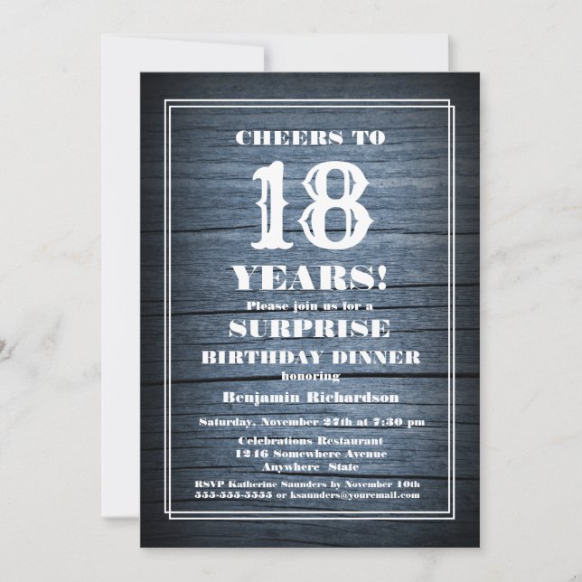 Rustic Wood Surprise 18th Birthday Dinner Party Invitation (Front)