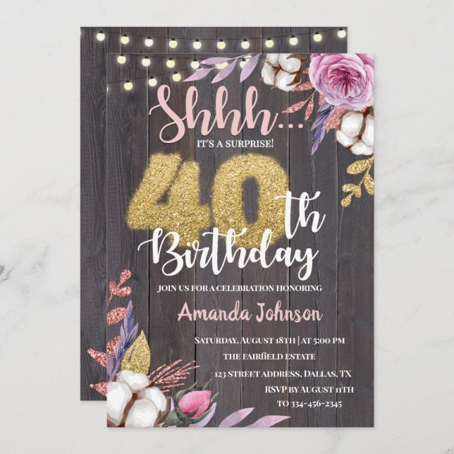 Rustic Wood Surprise 40th Birthday Invitation (Front/Back)