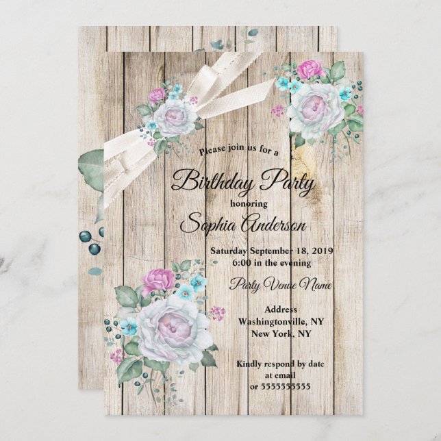 Rustic Wood Teal Blue Floral Pink Birthday Party Invitation (Front/Back)