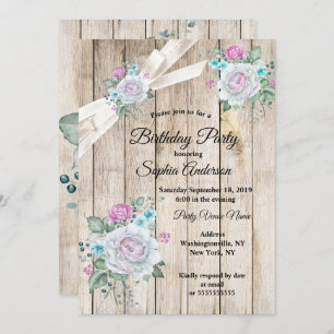 Rustic Wood Teal Blue Floral Pink Birthday Party Invitation