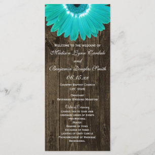 Rustic Wood Teal Gerber Daisy Wedding Programs
