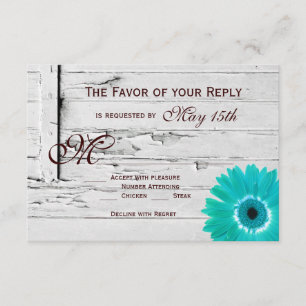 Rustic Wood Teal Gerber Daisy Wedding RSVP Cards