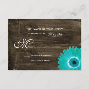 Rustic Wood Teal Gerber Daisy Wedding RSVP Cards
