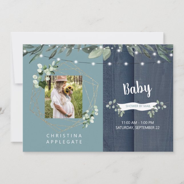 Rustic Wood Teal & Navy Photo Baby Shower by Mail  Invitation (Front)