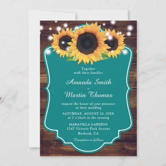 Rustic Wood Teal Sunflower Wedding Invitation (Front)