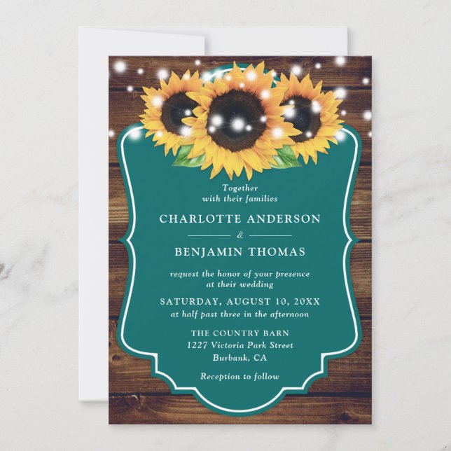 Rustic Wood Teal Sunflower Wedding Invitation (Front)