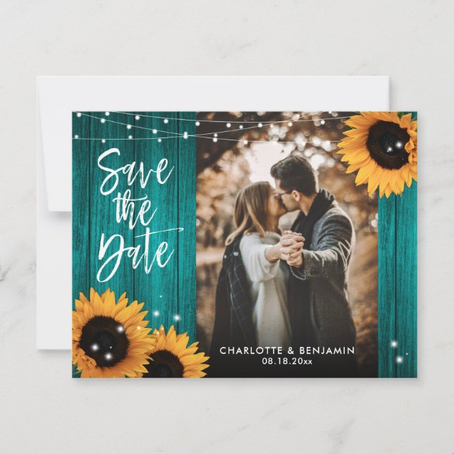 Rustic Wood Teal Sunflower Wedding Photo Save The Date (Front)