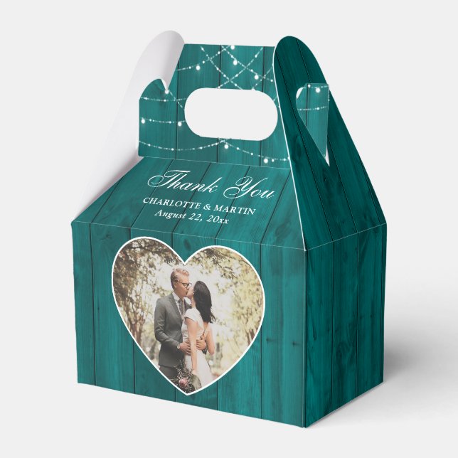 Rustic Wood Teal Wedding Photo Favour Box (Front Side)