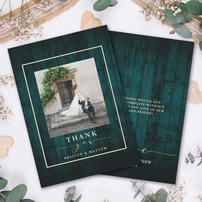 Rustic Wood Teal Wedding Photo Thank You Card (Creator Uploaded)