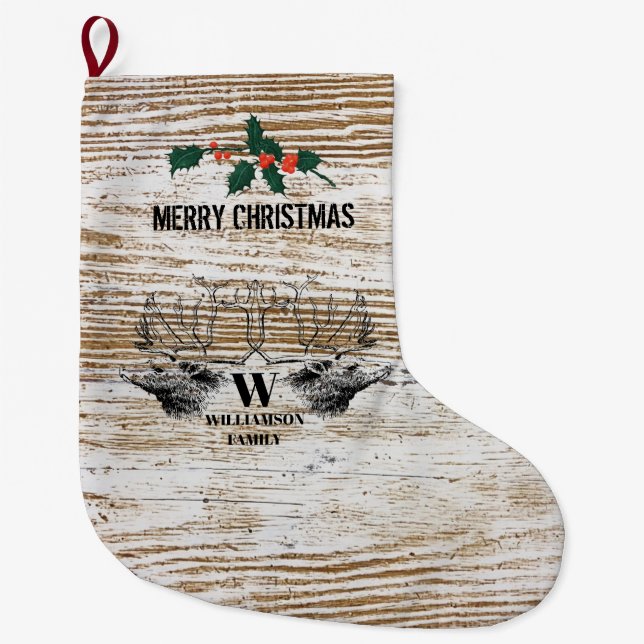 Rustic Wood Texture Deer Woodland Cabin Large Christmas Stocking (Front)