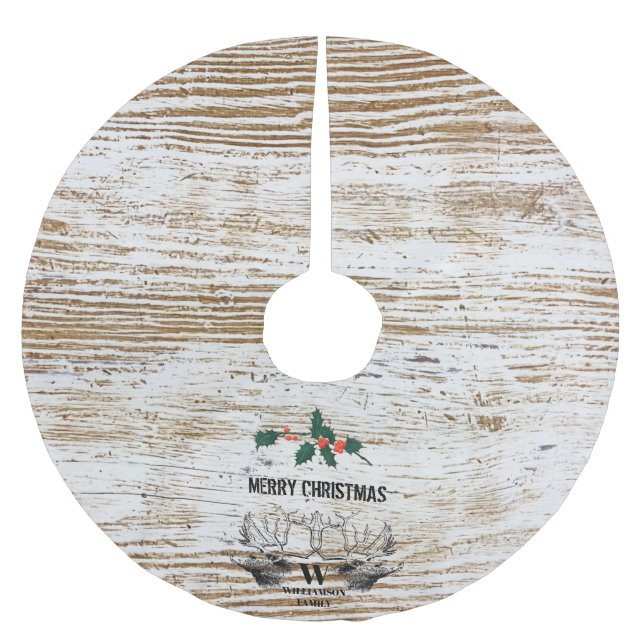 Rustic Wood Texture Deer Woodland Christmas Brushed Polyester Tree Skirt (Front)