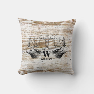 Rustic Wood Texture Deer Woodland Monogram Cushion