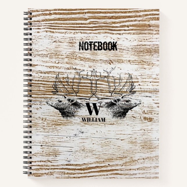 Rustic Wood Texture Deer Woodland Monogram  Notebook (Front)