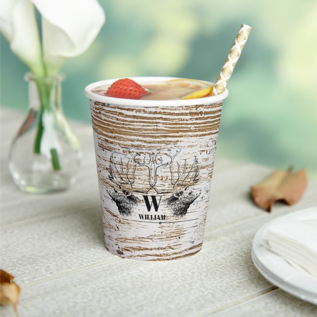 Rustic Wood Texture Deer Woodland Monogram Paper Cups (Insitu)