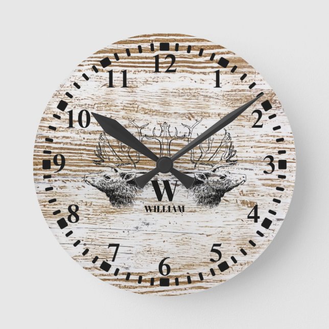 Rustic Wood Texture Deer Woodland Monogram Round Clock (Front)