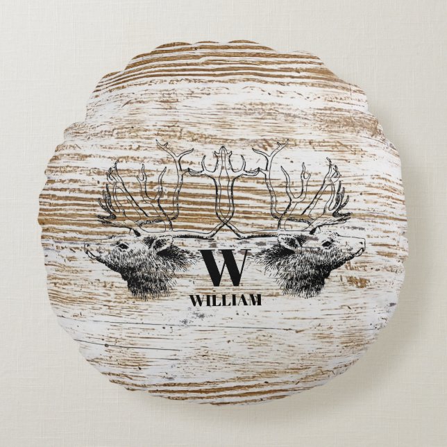 Rustic Wood Texture Deer Woodland Monogram Round Cushion (Front)