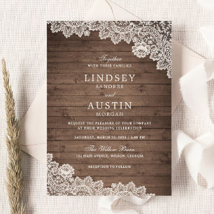 Rustic Wood Texture Lace Wedding Invitation