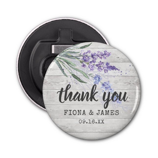 Rustic Wood Texture Lavender Wedding Thank You Bottle Opener (Front)