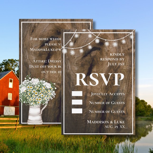 Rustic Wood Texture String Lights Floral Wedding RSVP Card (Creator Uploaded)