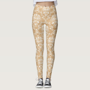Rustic Wood Texture with White Damask Pattern Leggings