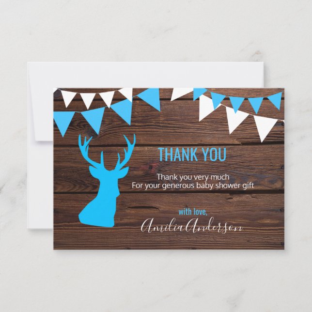 Rustic Wood THANK YOU Blue Buck BOY baby shower Invitation (Front)