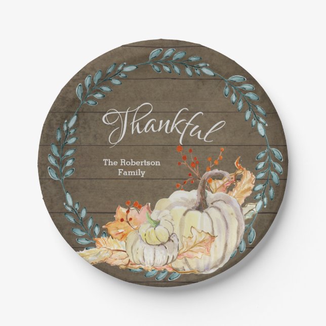 Rustic Wood Thankful Family Watercolor Pumpkin Paper Plate (Front)