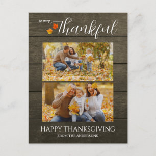 Rustic Wood Thankful thanksgiving family 2 photo Holiday Postcard