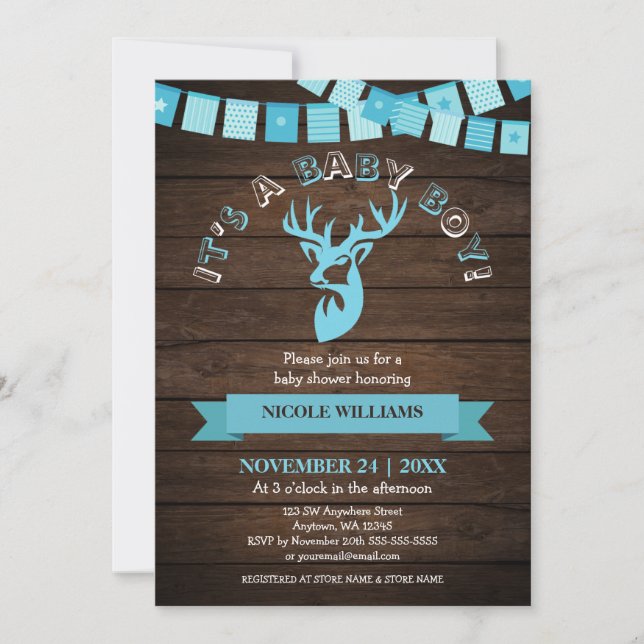 Rustic Wood Theme Blue Deer Baby Boy Shower Invitation (Front)