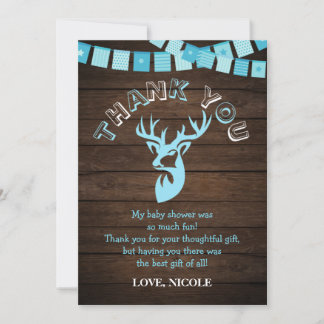 Rustic Wood Theme Blue Deer Baby Boy Shower Thank You Card