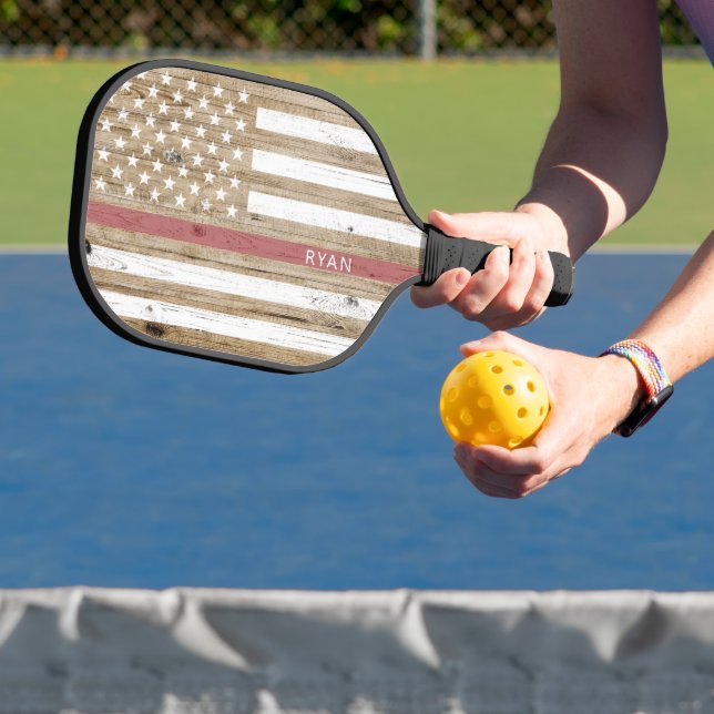 Rustic Wood Thin Red Line Patriotic USA Flag Pickleball Paddle (Insitu)