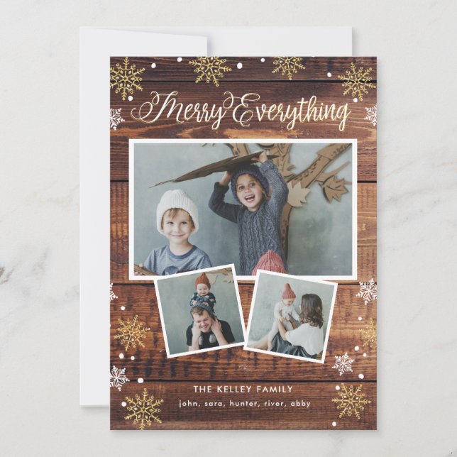 Rustic Wood Three Photo Collage Holiday Card (Front)