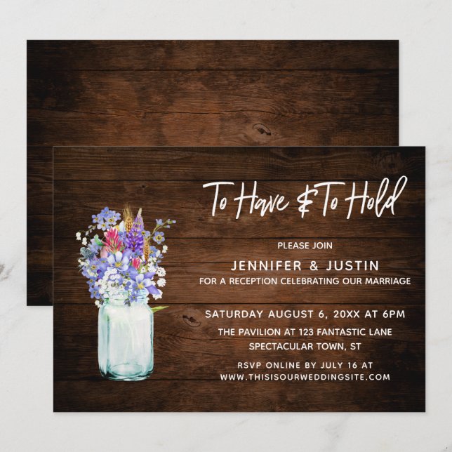 Rustic Wood To Have & To Hold Wildflower Mason Jar Invitation (Front/Back)